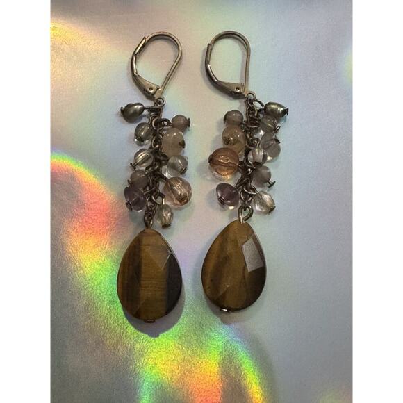 -NECKLACE & EARRING SET VTG Avon 80s Gold Tone Tiger Eye Fish Hook - Picture 2 of 16